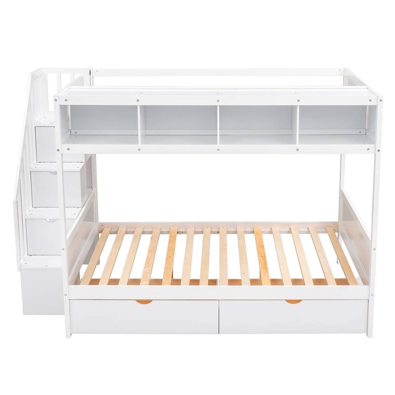 Twin over Full Bunk Bed with Shelves, Storage Staircase and 2 Drawers, White