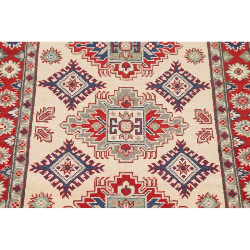 Ivory / Beige Geometric Kazak Oriental Accent Rug Handmade Wool Carpet - 3'6" x 5'1"