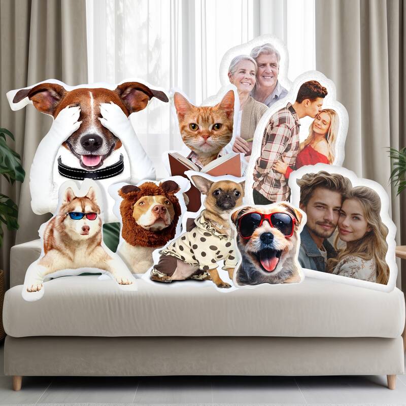 Custom Pet Pillow with Photo, Personalized Dog Cat Face Pictures Shaped Pillow, Customized Animal Picture Pillows Memorial Gifts - 12"