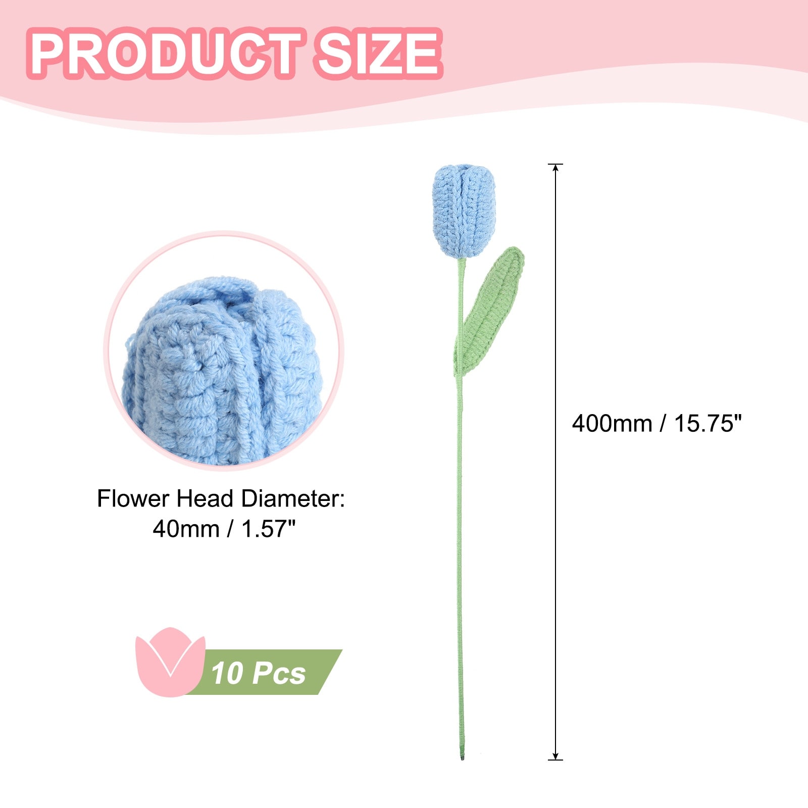 10 Pcs Tulip Crochet Flowers Bouquet for Gift Decoration Pink - 6.6 Feet