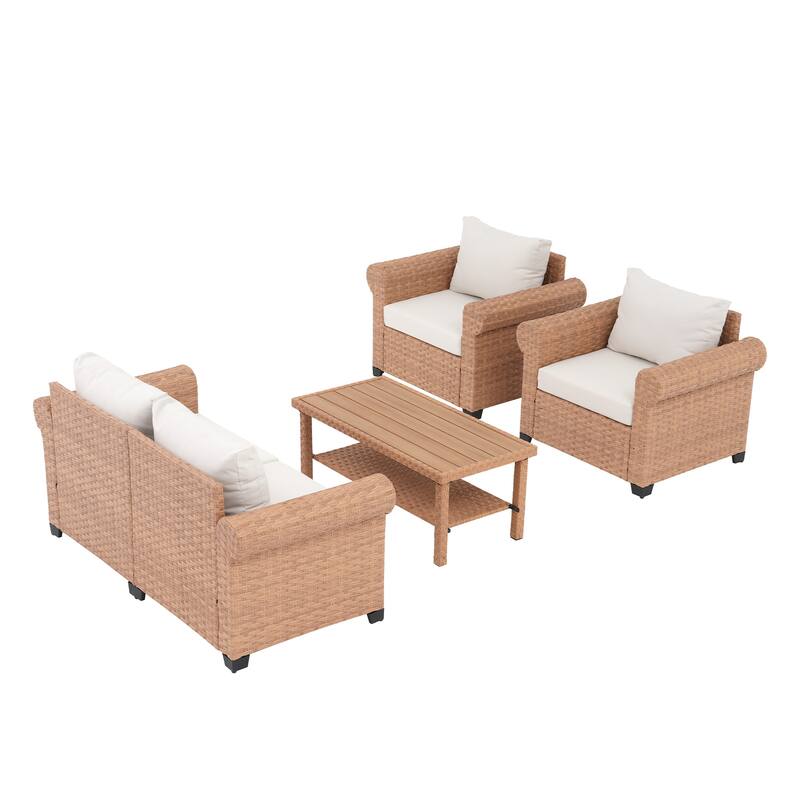 Outdoor PE Rattan Sofa and Coffee Table Set of 4