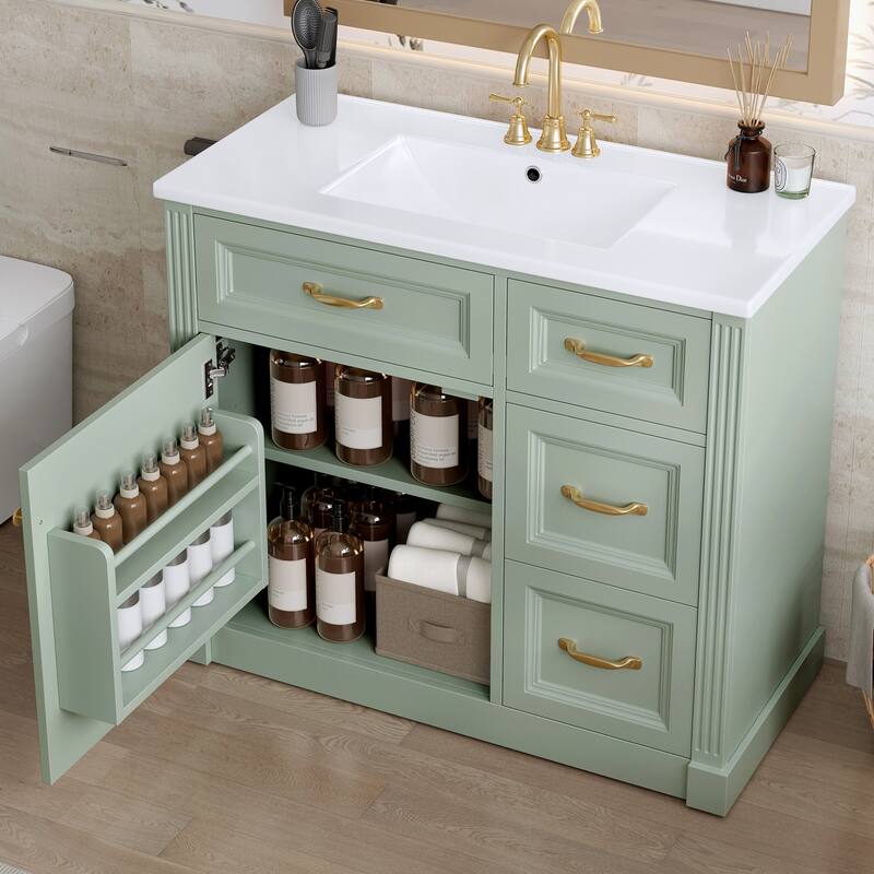 36 Inch Bathroom Vanity with Sink, Cabinet with 4 Drawers, Soft-Close Door & Adjustable Shelf, Ceramic Basin