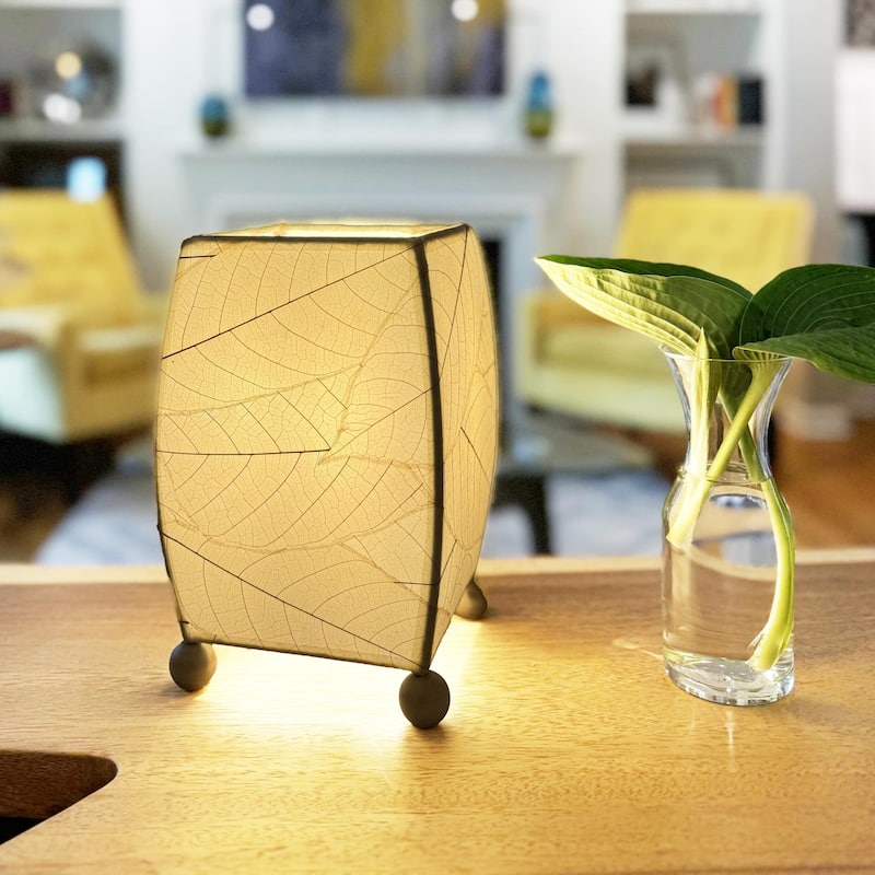 Handmade Mini Square Cocoa Leaf Table Lamp, Cocoa Leaves Shade, 6 x 6 x 9 in.