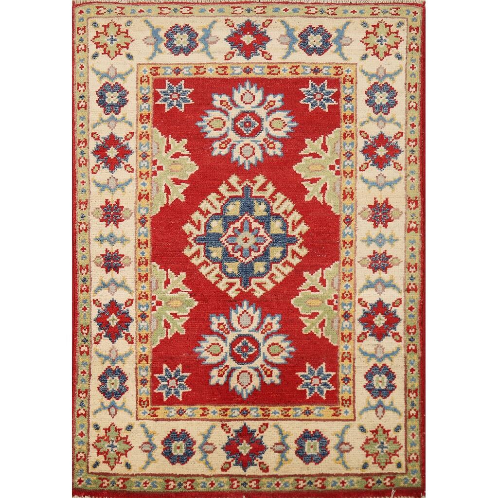 Red Geometric Kazak Accent Foyer Rug Handmade Oriental Wool Carpet - 2'0"x 3'0"