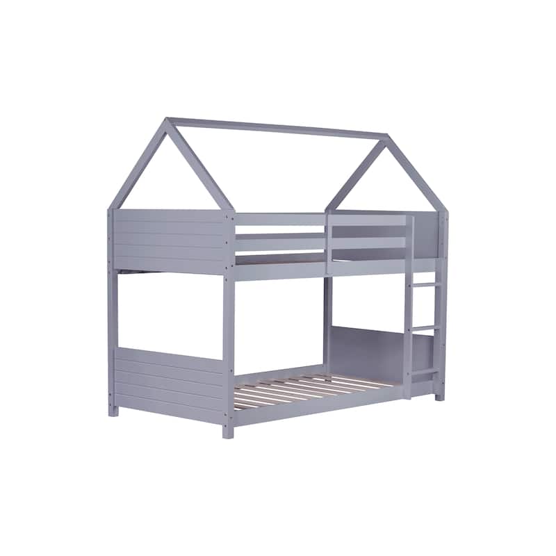 Twin House-Style Bunk Bed with Solid Wood Frame, Low Design, Ladder & Safety Rails for Children