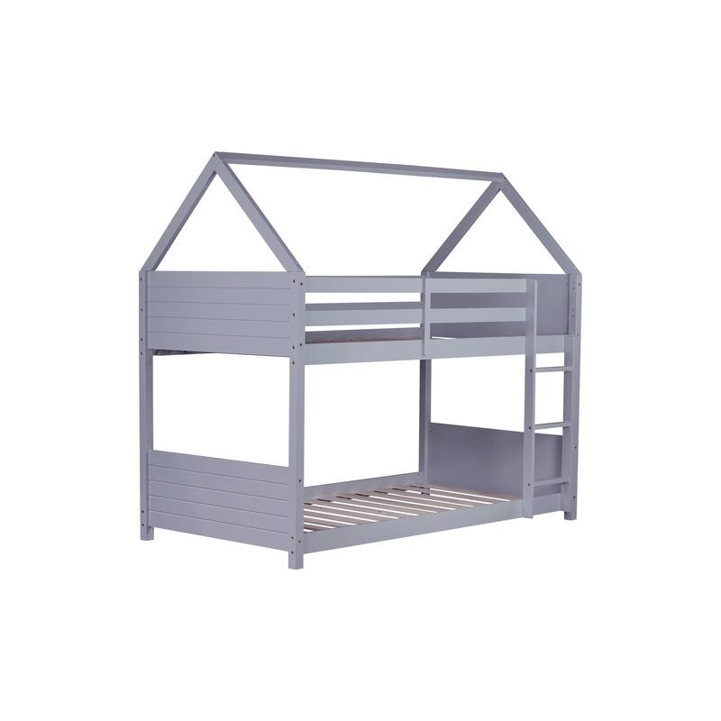 Twin Over Twin House Floor Bunk Bed with Headboards, Footboards, Guardrails, Ladder, Light Grey