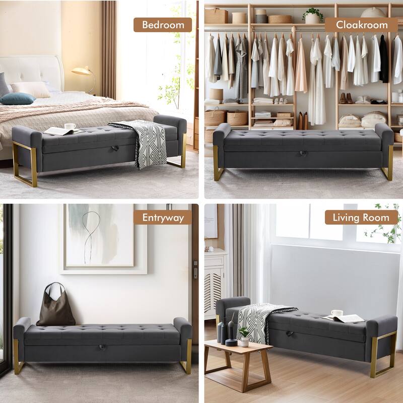 66" Storage Bench for Bedroom End of Bed with Double Lids and Gold Legs