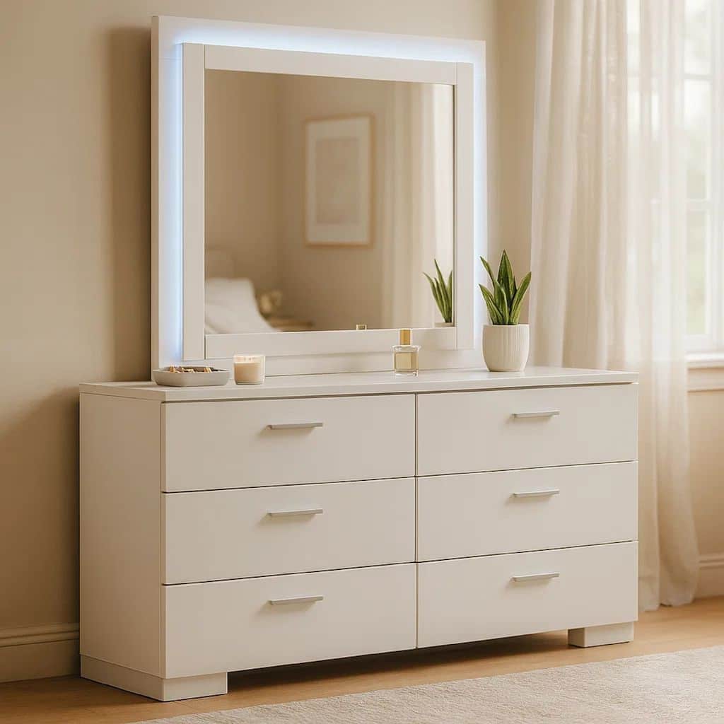Sok Wide Dresser with LED Mirror, 6 Drawers, White High Gloss Finish
