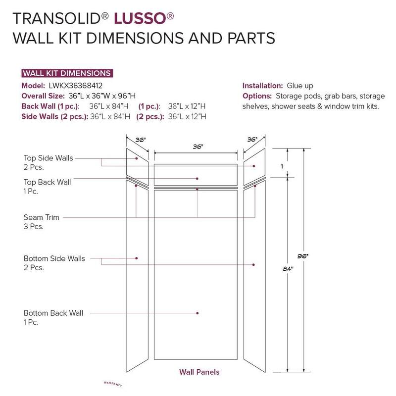 Transolid LWKX36368412 Lusso 96" H x 36" W x 36" D Three Wall Alcove