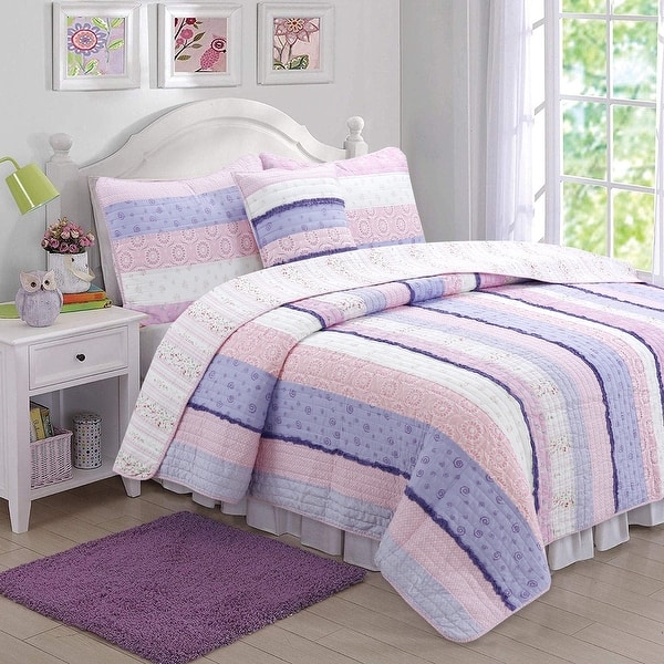 slide 2 of 6, Cozy Line Pink Purple Fun Floral Ruffle Stripe Cotton Quilt Bedding Set