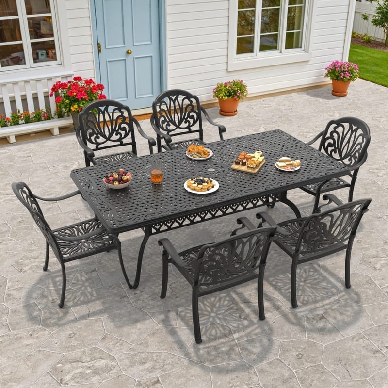 7/9-Piece Cast Aluminum Outdoor Dining Set with 82.68'' L X 41.34'' W Rectangular Table and Seat Cushions