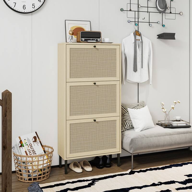 Freestanding Modern Shoe Rack Storage with 3 Natural Rattan Door
