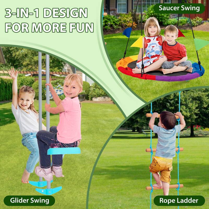 Swing Sets for Backyard, 3-in-1 Kids Metal Swing Stand with 40" Saucer Swing, Glider Swing, Rope Ladder