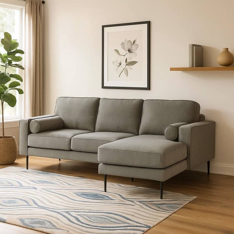 Haez 85 Inch Sofa Chaise, 2 Bolster Pillows, Chevron, Light Gray Polyester