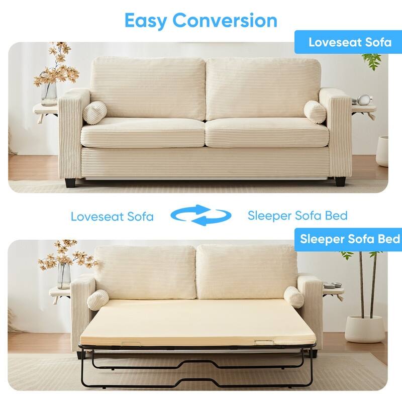 Mixoy Convertible 2-in-1 Pull Out Sleeper Sofa Bed Loveseat with 2 Wing Table and Memory Foam Mattress