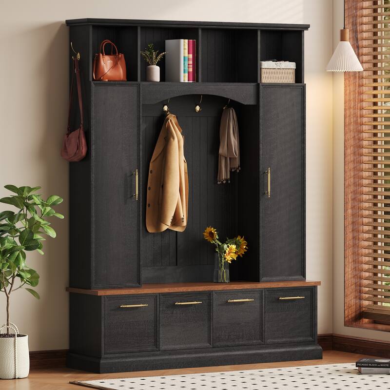 59" Farmhouse Hall Tree - 4-in-1 Entryway Bench with Golden Hooks, Adjustable Shelves & Shoe Storage