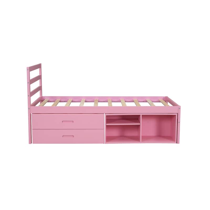 Wood Platform Bed with Removable Storage Shelves and Two Drawers