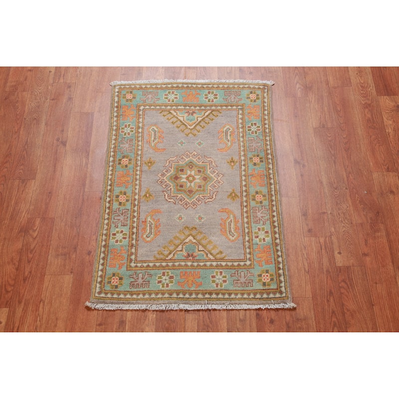 Traditional Kazak Oriental Rug Hand-Knotted Grey Wool Carpet - 2'0"x 3'0"