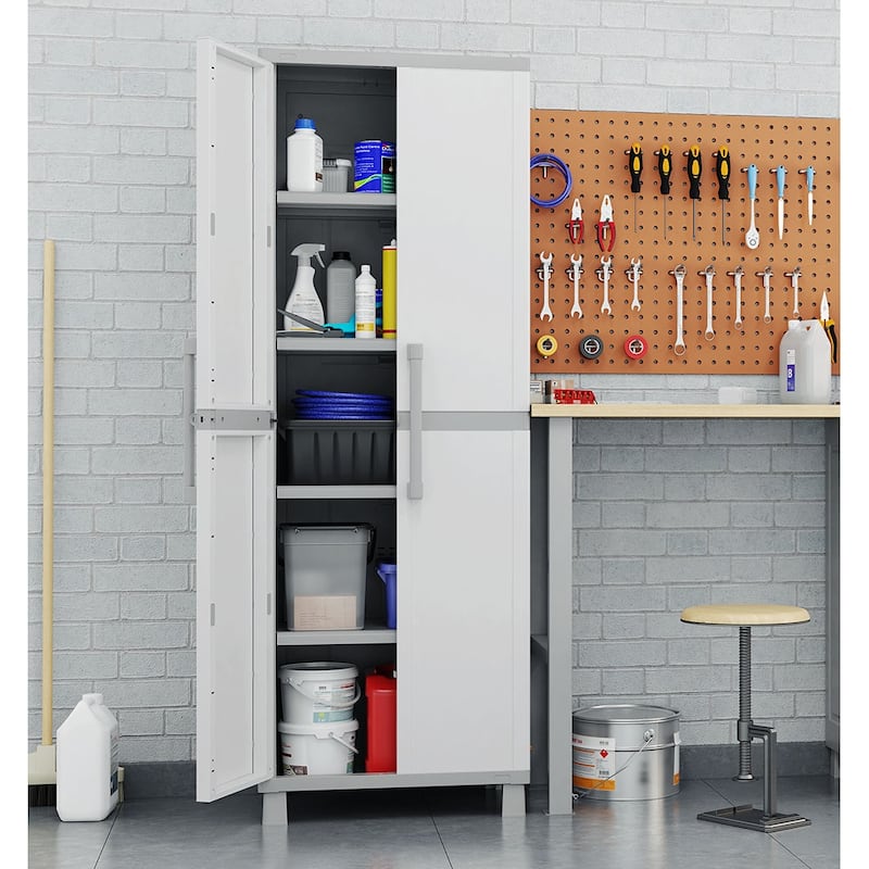 Keter Utility Garage Vertical Resin Home Storage Cabinet with lockable Doors and Shelves Ideal for Organization and Tools, White