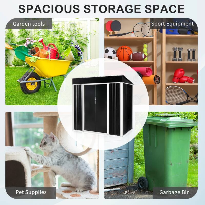 6 x 4 Ft Outdoor Storage Shed Black Galvanized Iron Garden Tool Organizer with Locking Sliding Doors - 75.6" x 49" x 73.2"