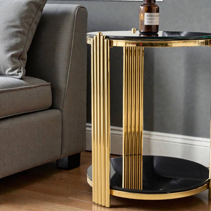 16.9 Inch Modern Round End Table with Double Layer Black Glass, Gold Stainless Steel Frame, Easy Assembly