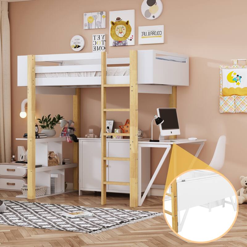 Space-Saving Twin Size Wooden Loft Platform Bed Frame with Storage Cabinet and Foldable Desk, Modern and Stylish for Bedroom
