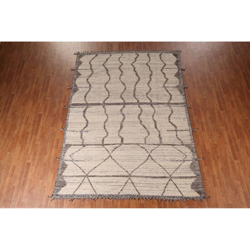 All-Over Striped Moroccan Abstract Area Rug Hand-Knotted Wool Carpet - 7'8"x 10'10"