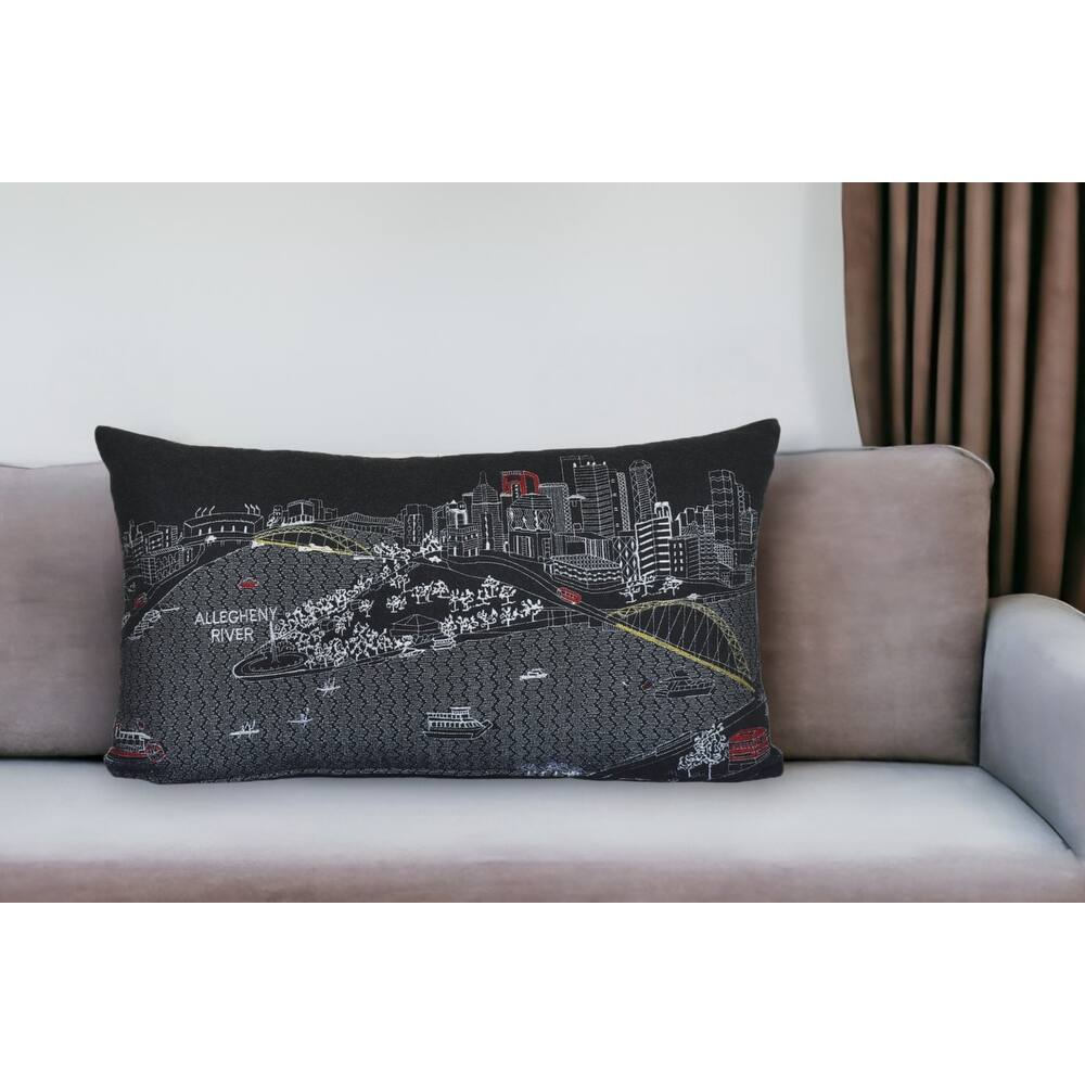 HomeRoots 25" Black Pittsburgh Nighttime Skyline Lumbar Decorative Pillow