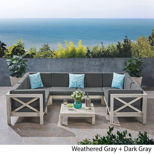 Brava Outdoor Acacia Wood 8 Seater UShaped Sectional Sofa Set with