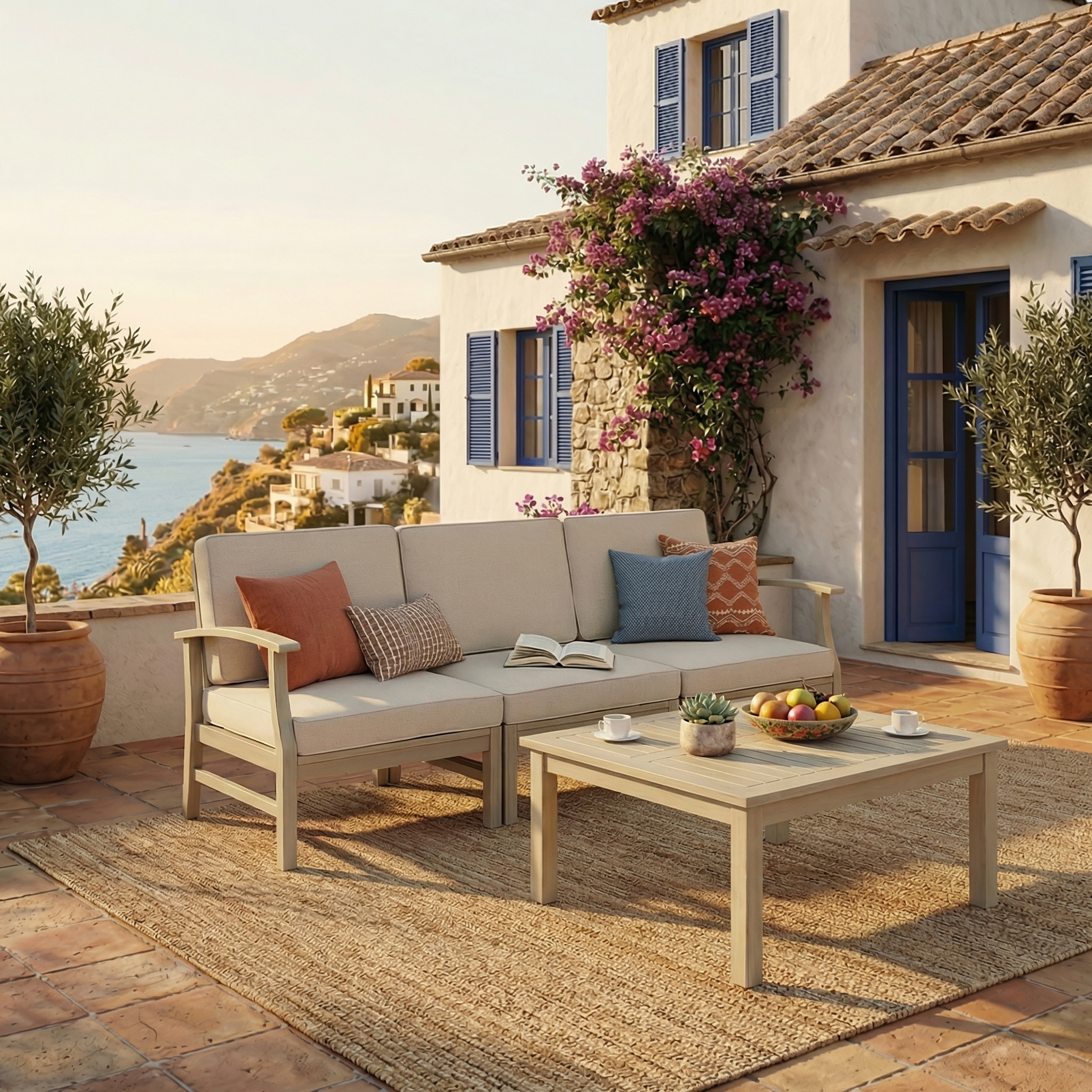 Christopher Knight Home - Aneska Outdoor 3-Seater Sofa Set with Slatted Coffee Table, Acacia Wood with Water-Resistant Cushions