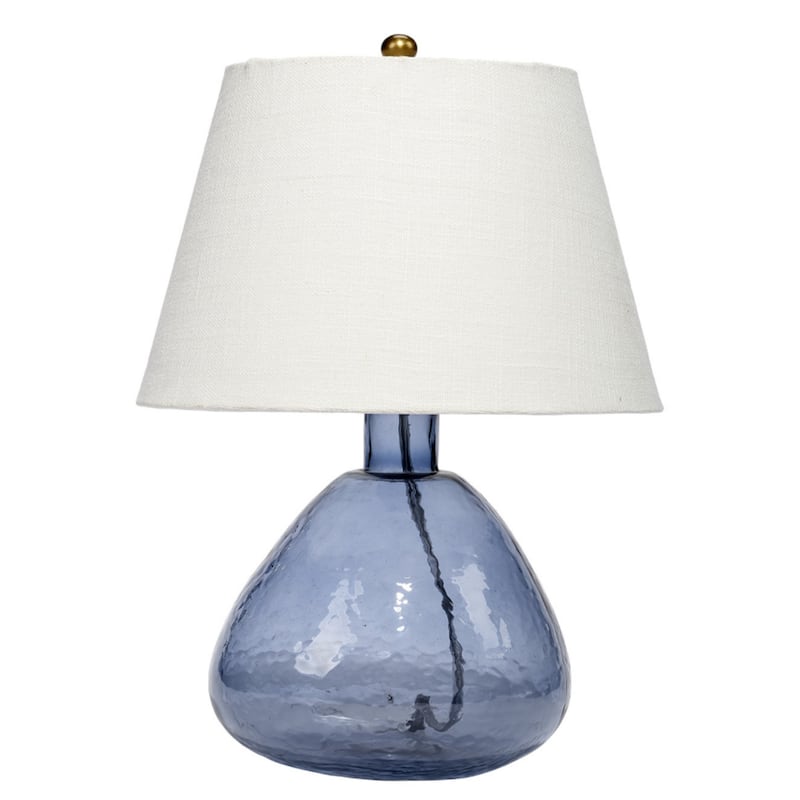 Navi 17 Inch Table Lamp, White Linen Drum Shade, Blue Glass Curved Body