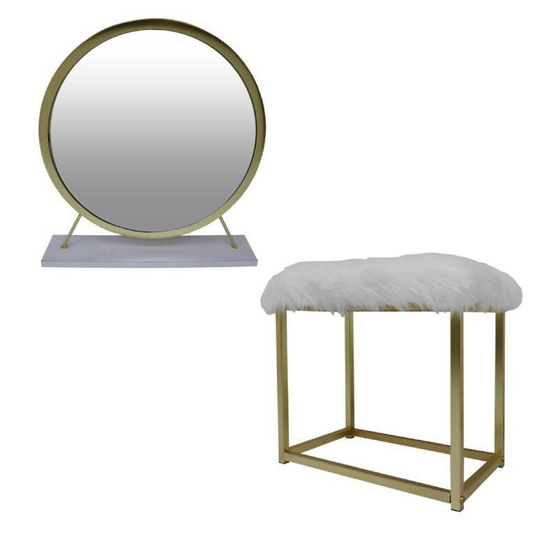 Rose Round Vanity Mirror with Stool, Faux Fur Seat, Brass, White