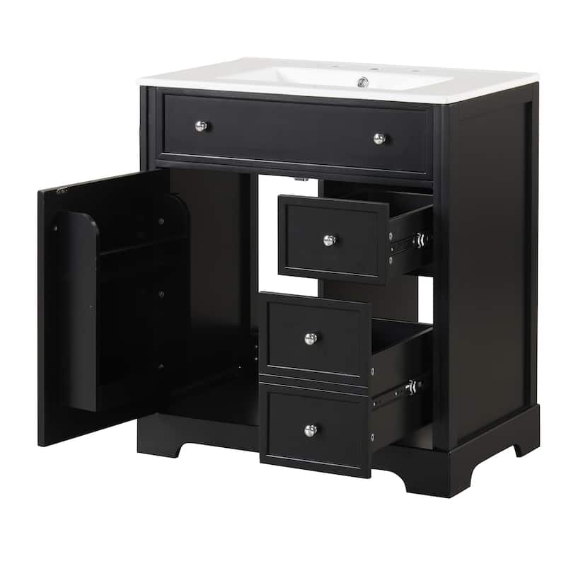 Modern 30-Inch Bathroom Vanity Cabinet with Ceramic Sink, 2 Drawers, and Door Shelf, White