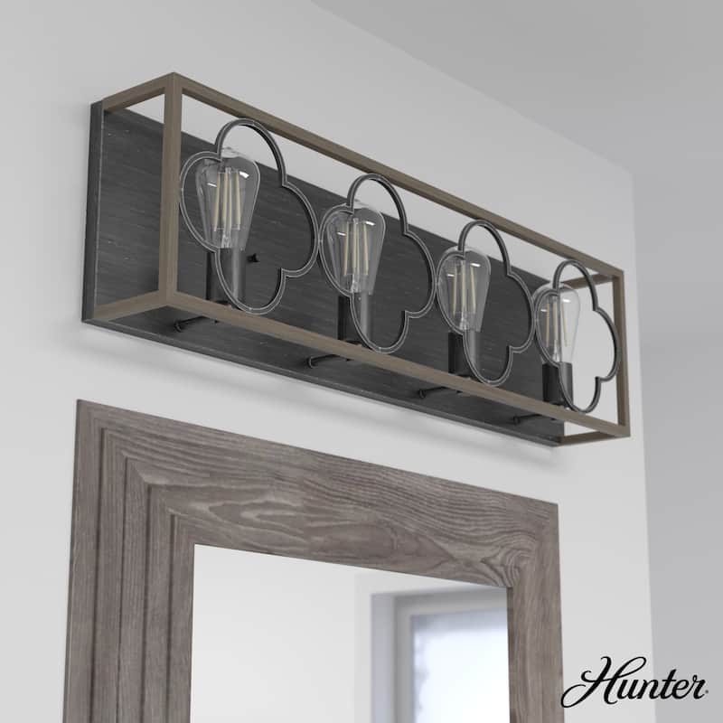 Hunter Gablecrest 4-Light Vanity Wall Light - Bathroom - Modern Farmhouse, French Country, Rustic, Distressed - Damp Rated! - French Oak-Rustic Iron