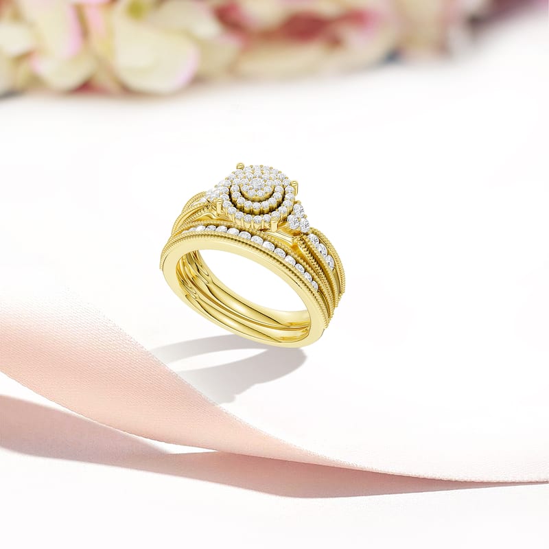 1/2ct TDW Diamond Cluster Halo Bridal Set in 14K Yellow Gold for Women