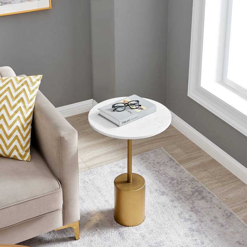 Danya B. Fritz Midcentury Modern Pedestal Side Accent Table with Gold Metal Base and Genuine White Marble Stone Tabletop