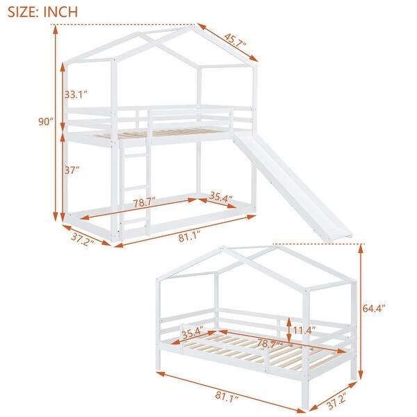 dimension image slide 1 of 3, Twin Over Twin Wooden Bunk Bed with Roof, Slide and Ladder