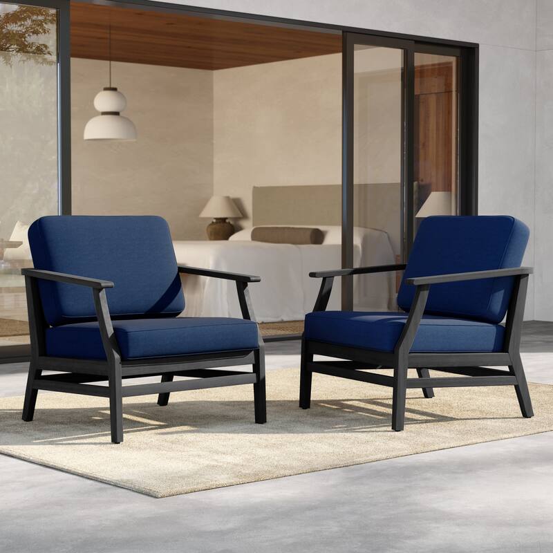 Outdoor Teak Wood Club Chairs with Cushions (Set of 2) - BlackFrame-Navy