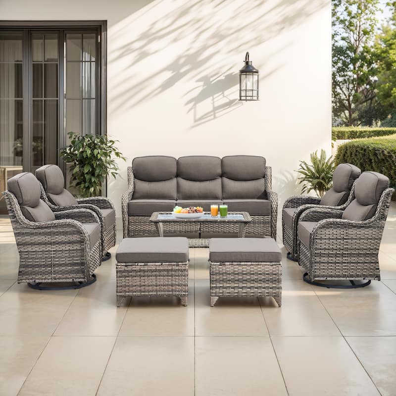 Gymojoy 8-Piece Patio Furniture Set with Swivel Glider Chairs, 6-Inch Ultra-Plush Cushions & Water-Resistant Olefin Fabric - Grey Wicker / Grey Cusion - 8-Piece