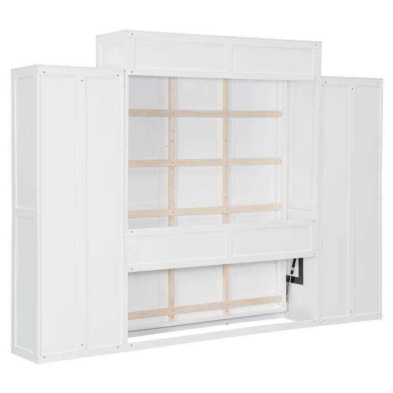 Queen Size Wall Bed with Built-in Closet, Drop-Down Table & Storage Drawers, Space-Saving Folding Design with LED Light