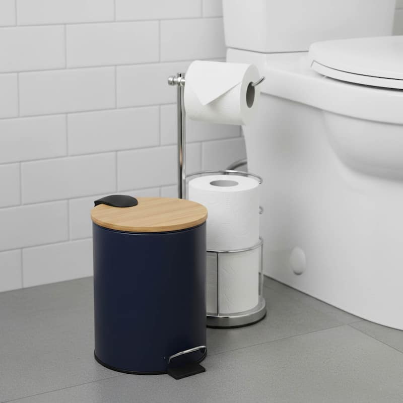 Stylish Trash Can with Bamboo Lid and Pedal, 2.5L Capacity - 9.2" H x 8" L x 8" W - Navy Blue