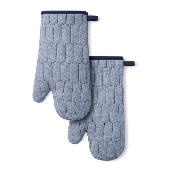 MARTHA STEWART Honeycomb Quilted Chambray Oven Mitt 2-Pack Set - 7"x13" - Navy Blue