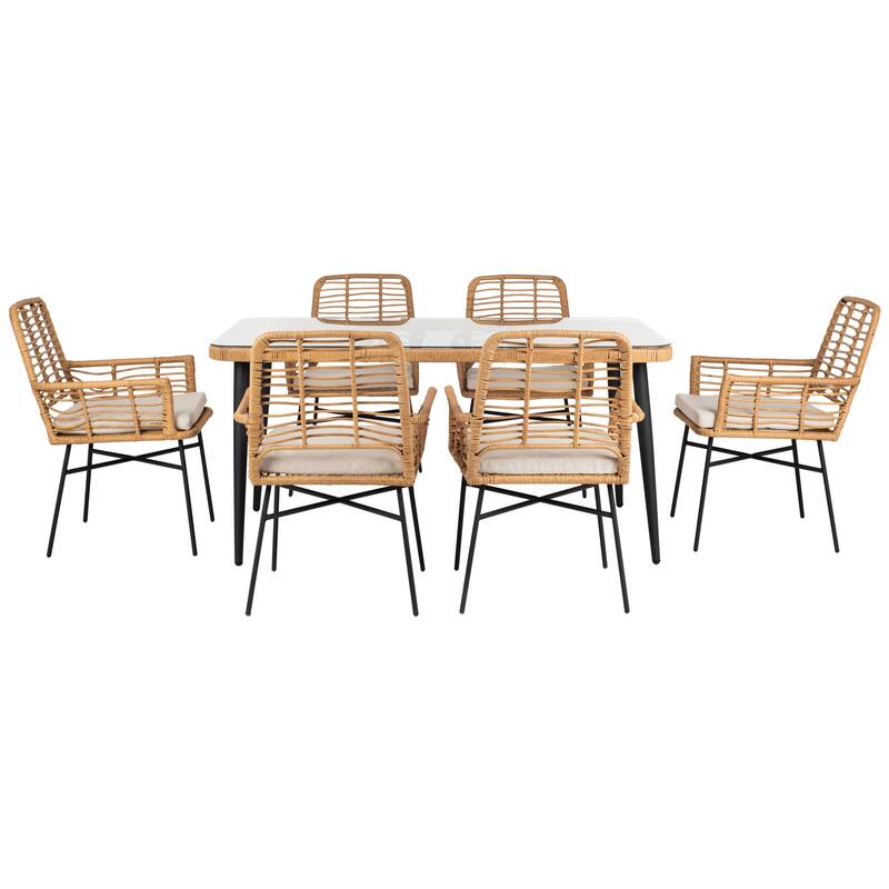 SAFAVIEH Outdoor Akeelah 7-Piece Dining Set - 59Wx36Dx29H - Natural/Beige Cushion