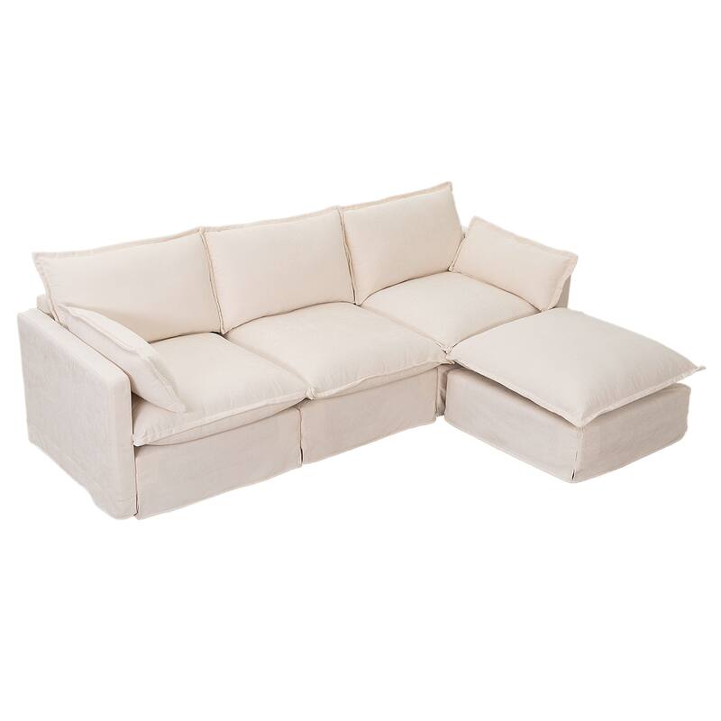 93.31" Linen Modular Sectional Sofa with Movable Ottoman, Solid Wood Frame, and High-Resilience Foam Cushions