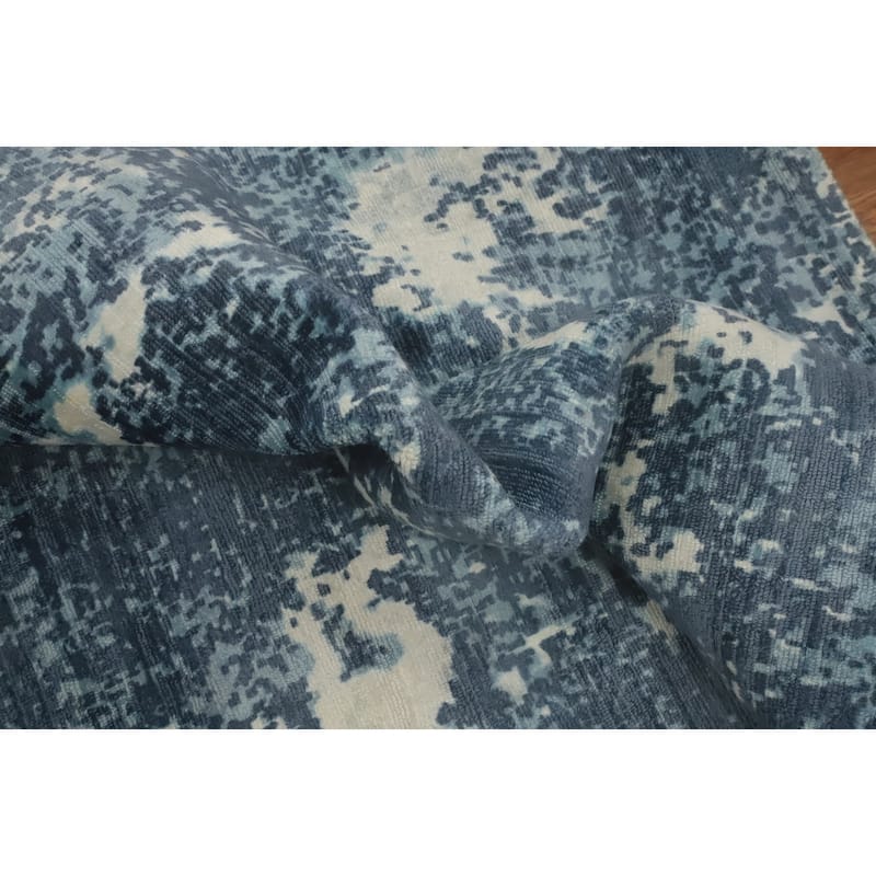 Hand-knotted Modern Silk Blue Abstract Oriental Area Rug - 8' 0'' X 5' 2''