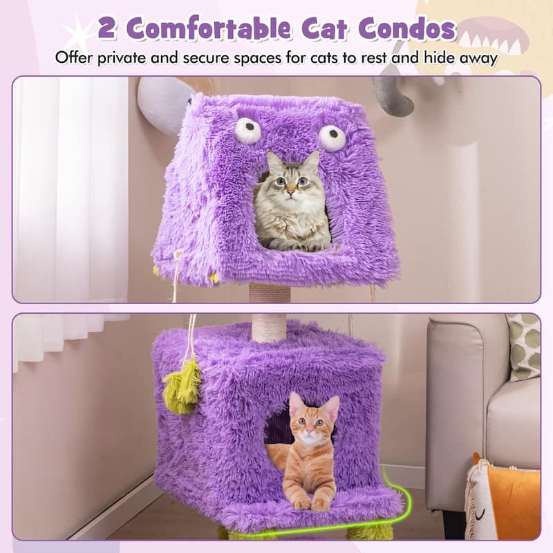 Cute Monster-Themed Cat Tower with 2 Comfortable Cat Condos and Plush Dangling Toys - 19" x 19" x 44"