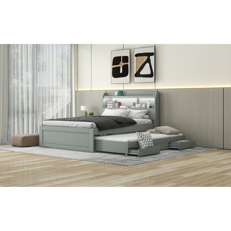 Full XL Size Platform Bed with Storage LED Headboard, Charging Station, Twin Size Trundle, and 2 Drawers