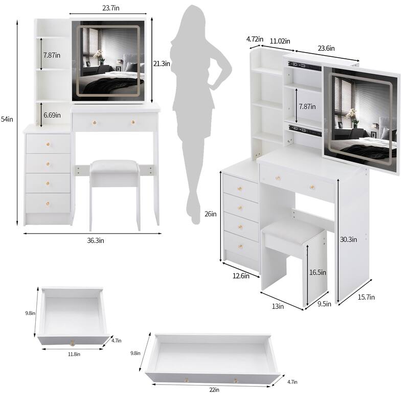 37" Mid-Size Left Bedside Vanity Set with LED Mirror and Stool