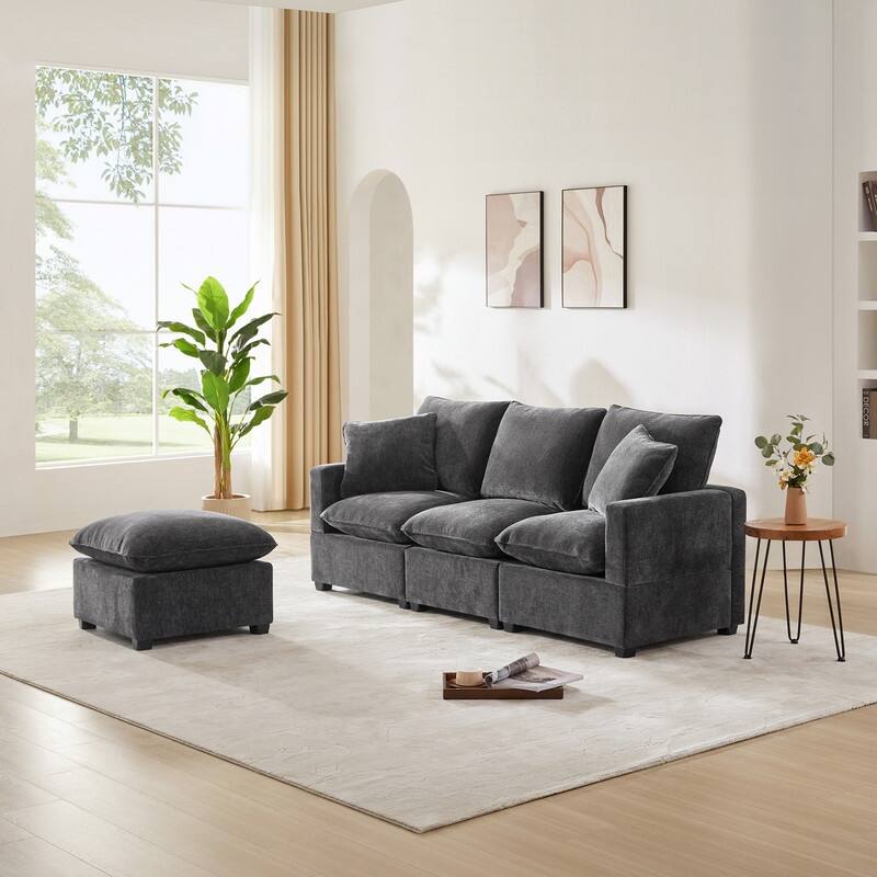 Modern Chenille Multi-Seat Sectional Sofa - 3 Seat+1 Ottoman - Black