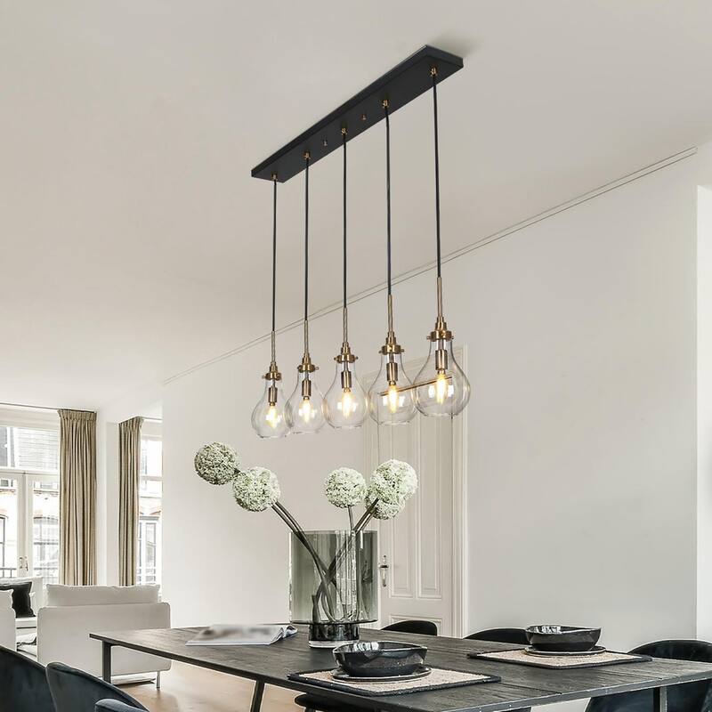 Synia Mid-century Modern Black Gold Linear Chandelier 5-Light Bar Cluster Kitchen Island Light Dining Room